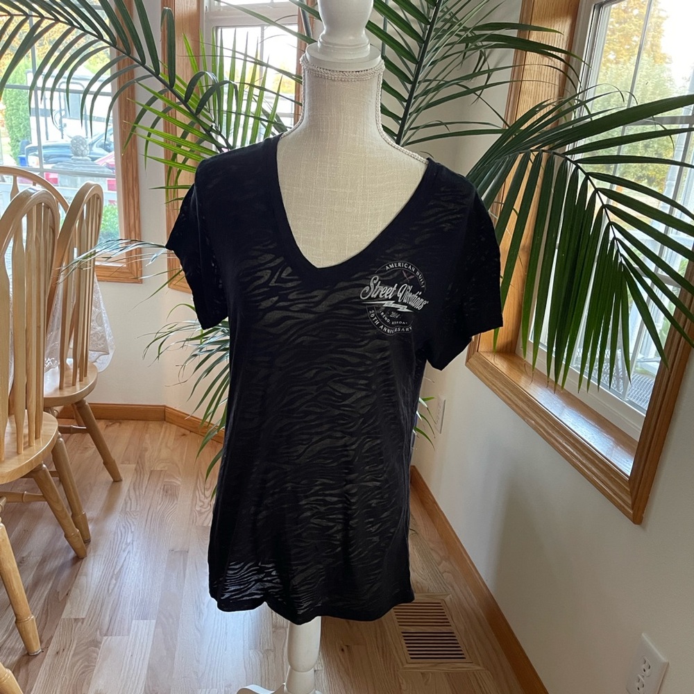 J JOA Apparel Inc Black Burnout V-Neck Women's Tee Graphic Street Vibrations2014